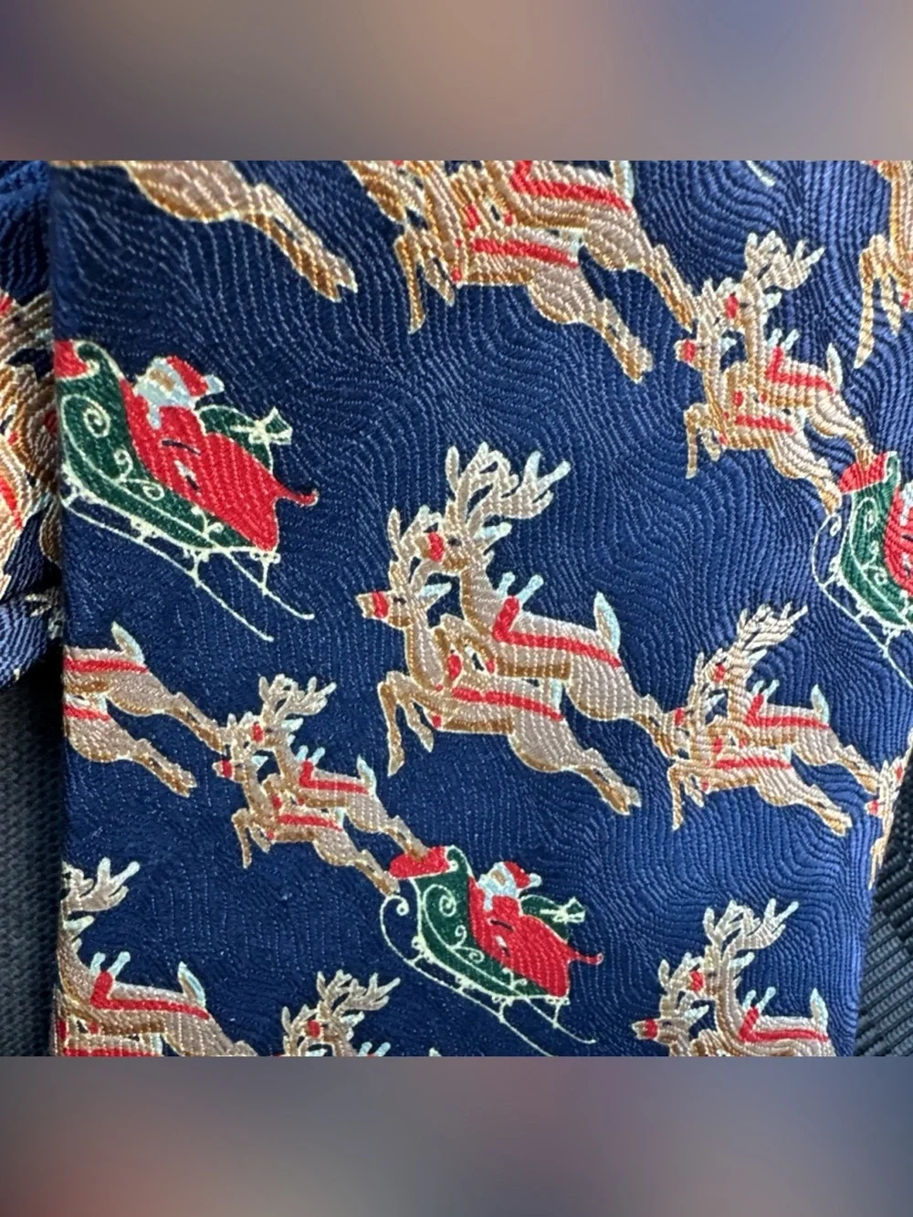 St. Nickolaus Santa And‎ His Reindeer Sleigh Christmas 100% Silk Navy Multicolor